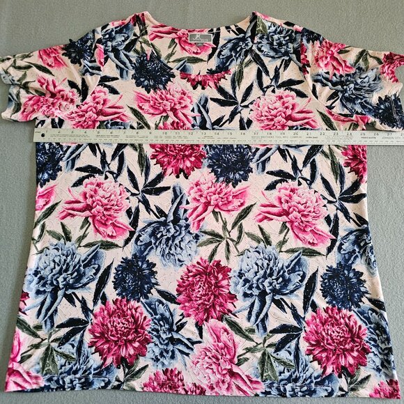 JM Collection Floral Top Woman 2X Short Sleeve Pink Blue Stretch Embellished - Picture 9 of 11